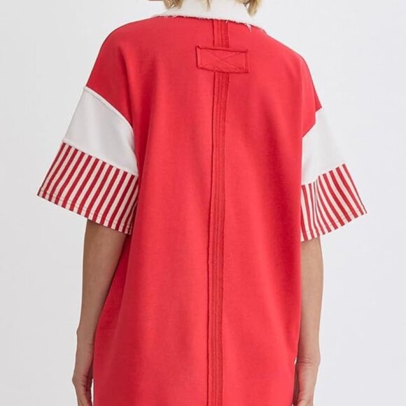 Polo Collared Candy Striped Loose Fitting Mini Dress With Side Pockets - Picture 2 of 4